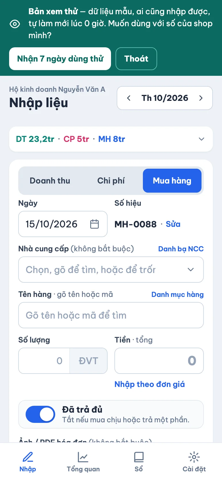 Màn Nhập liệu trên điện thoại