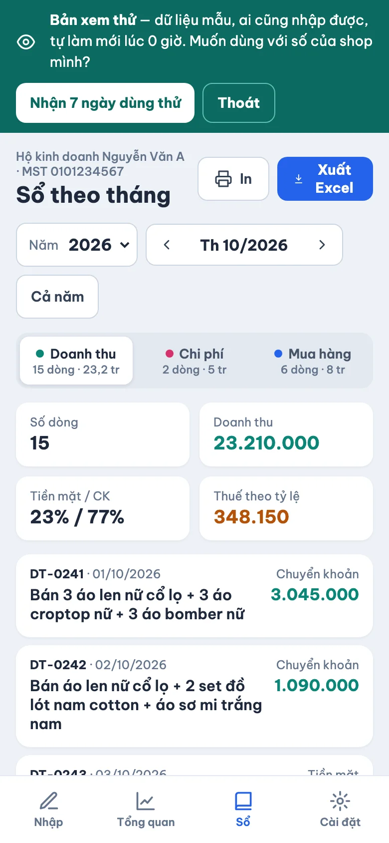 Màn Sổ & Excel trên điện thoại