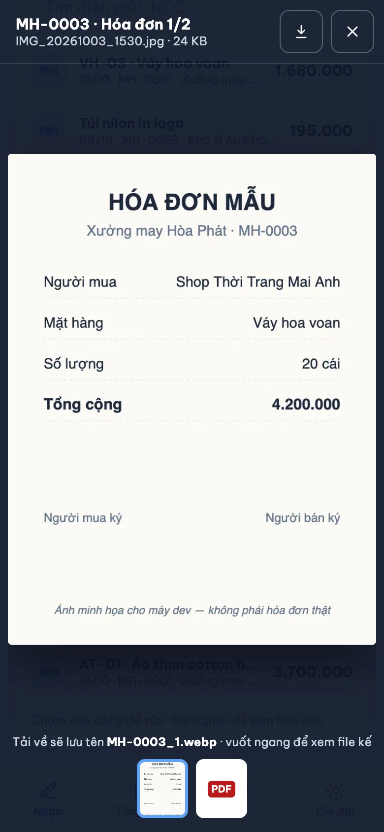 Màn Hóa đơn trên điện thoại